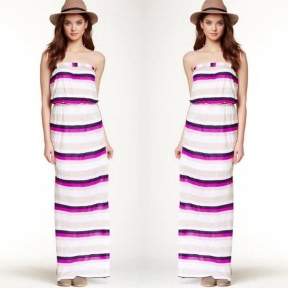 Splendid Strapless Striped Maxi Dress Very Berry Size XS Horizon USA Made Boho - Picture 1 of 13